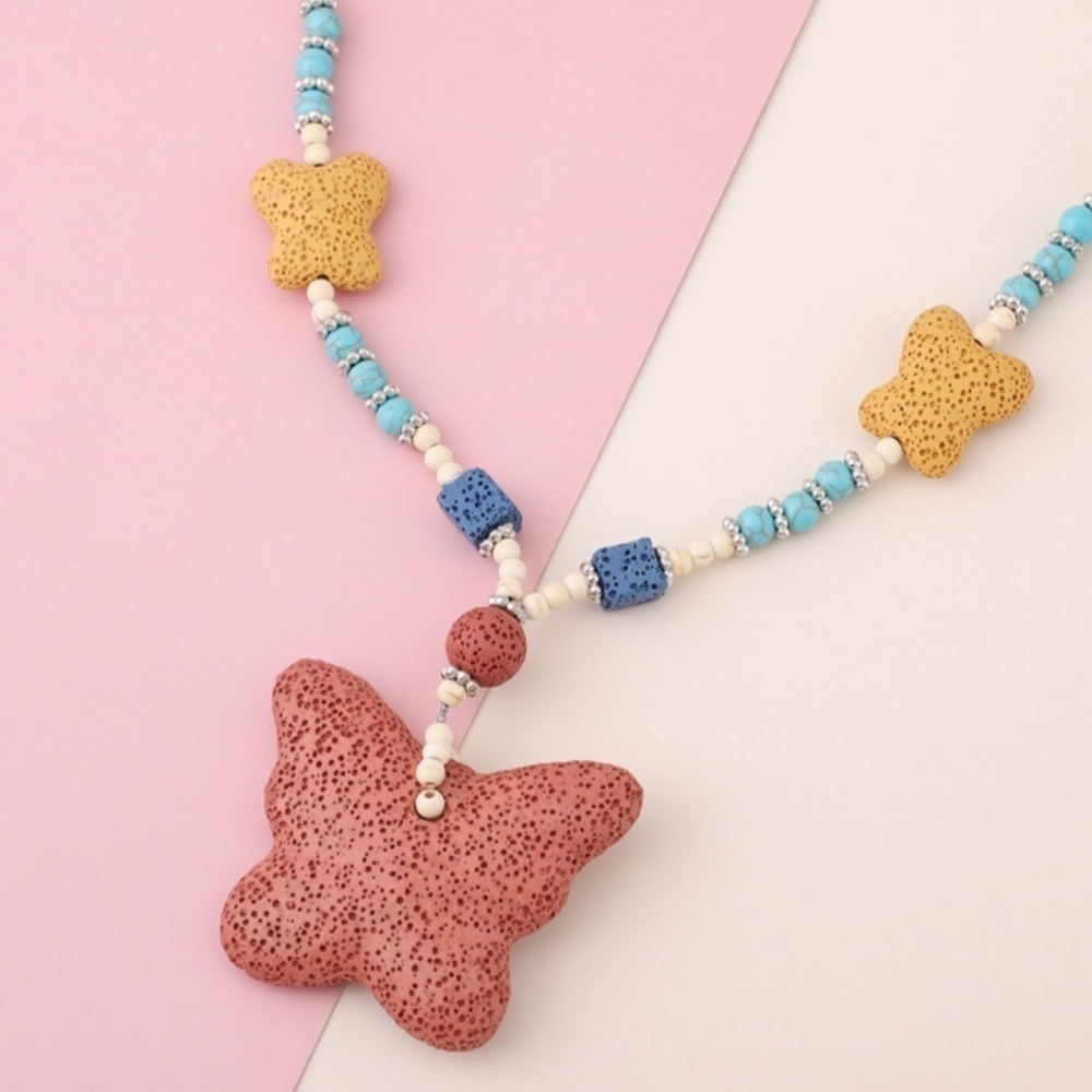 Multi Color Lava, Freshened White & Blue Howlite Beaded Butterfly Charm Necklace